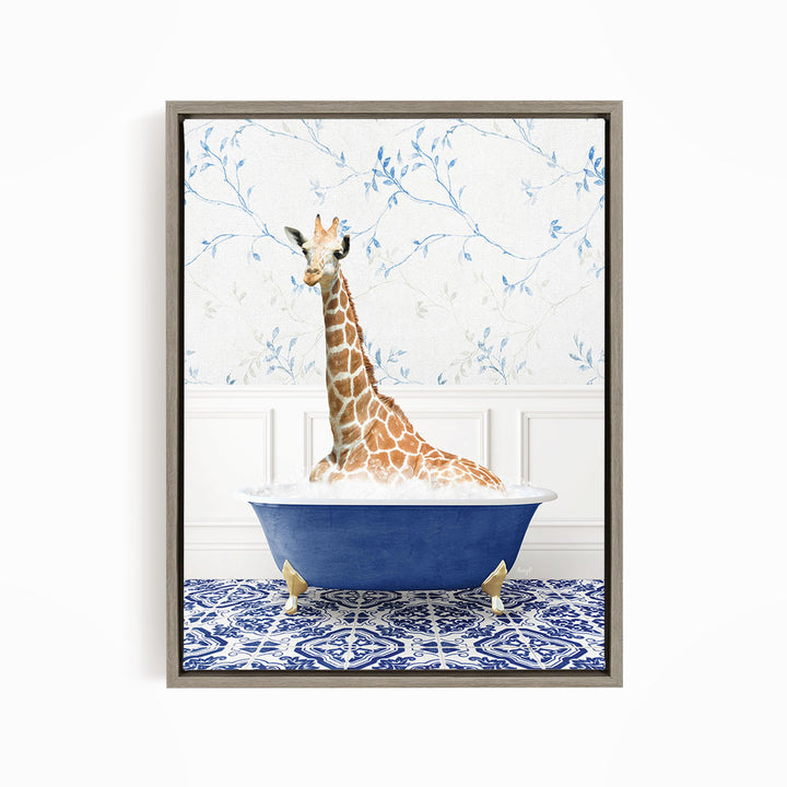 A giraffe sitting in a blue bathtub, surrounded by a blue and white patterned rug.