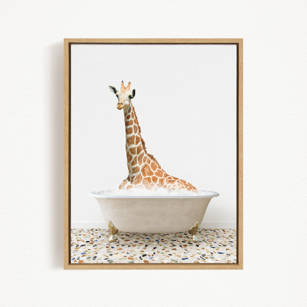 A giraffe sitting in a white bathtub filled with bubbles, creating a whimsical and playful scene.