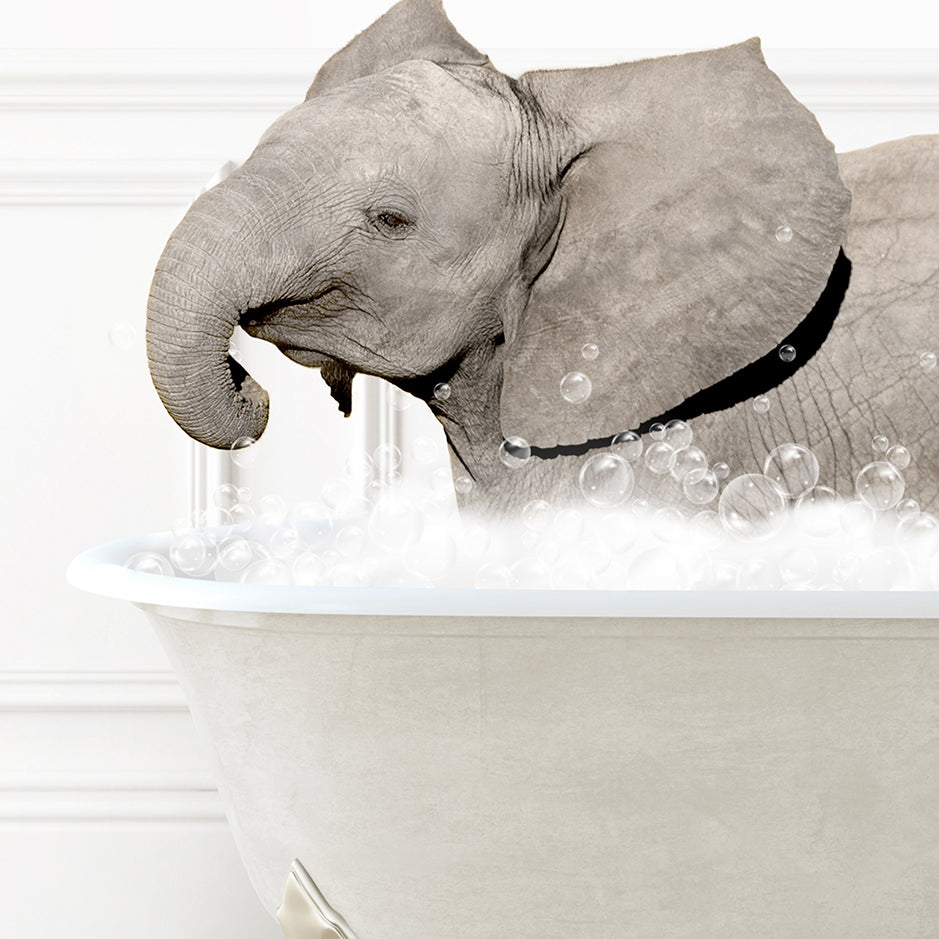 a baby elephant taking a bath in a bathtub