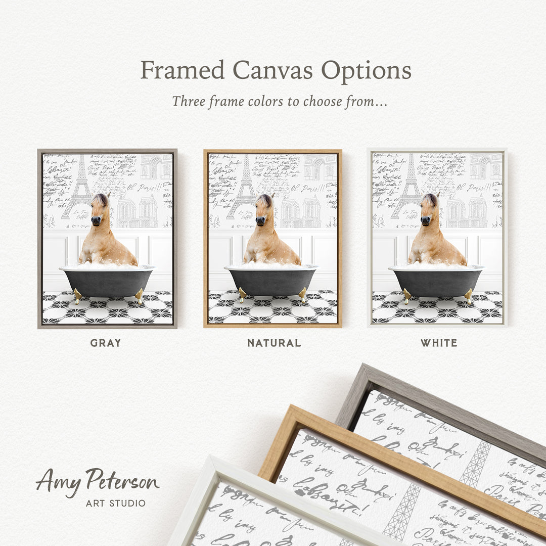 The image is a framed canvas option featuring three different colored frames with a picture of a dog sitting in a bathtub.