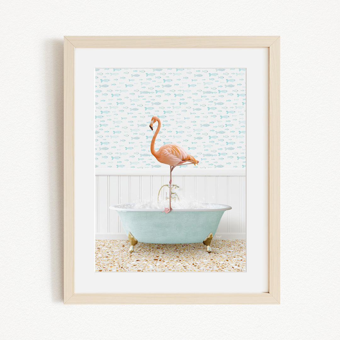 A pink flamingo standing on the edge of a light blue bathtub filled with water, with a patterned wall behind it.