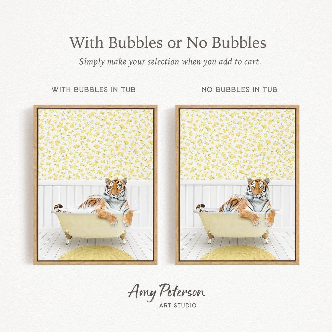 The image is a framed print depicting a tiger sitting in a bathtub, with a yellow and white floral pattern on the walls behind it.
