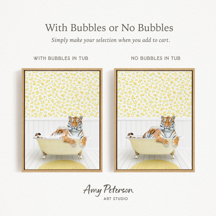 The image is a framed print depicting a tiger sitting in a bathtub, with a yellow and white floral pattern on the walls behind it.