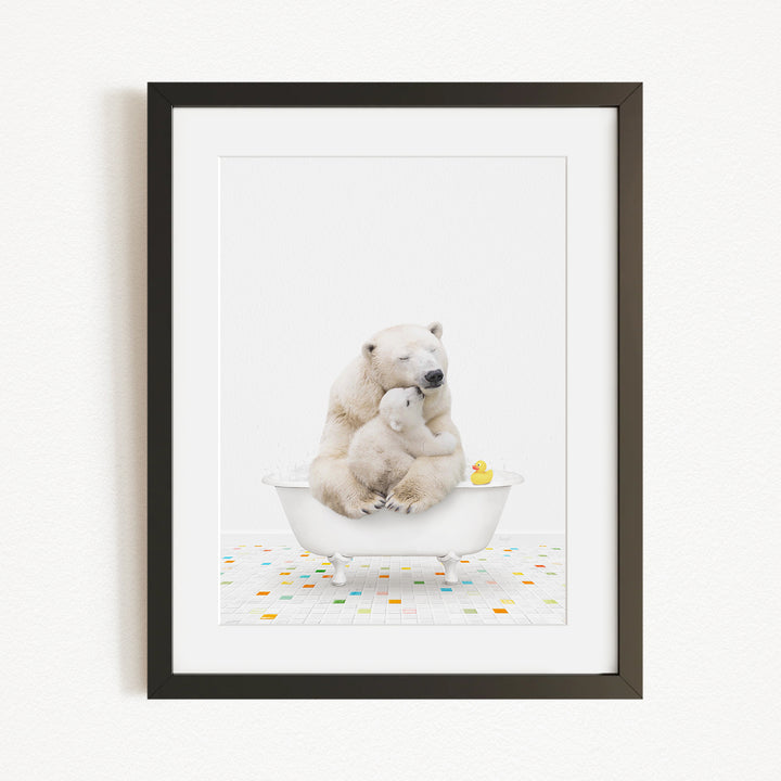 A polar bear and a cub are sitting together in a bathtub, with a rubber duck floating nearby.