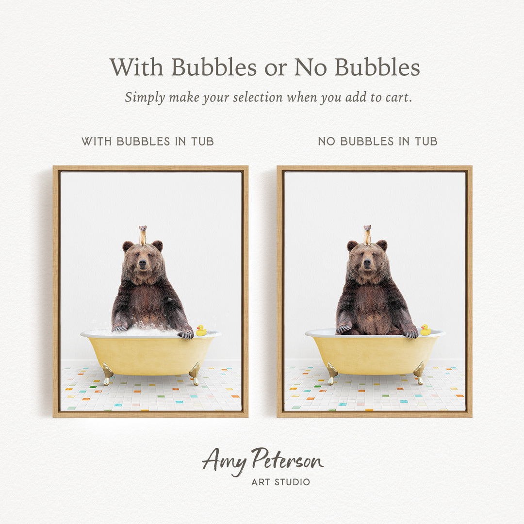 a bear sitting in a bathtub with bubbles, and the bear is holding a rubber duck.