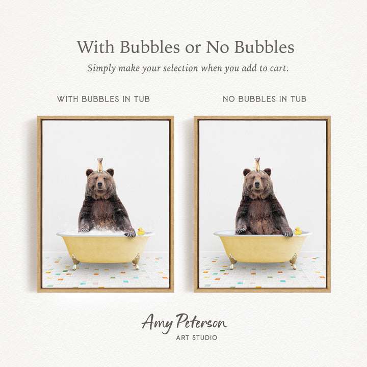 a bear sitting in a bathtub with bubbles, and the bear is holding a rubber duck.