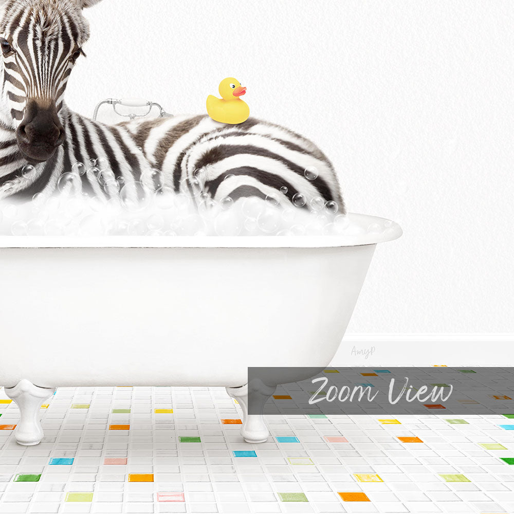 A zebra standing in a white bathtub filled with bubbles, with a rubber duck sitting on its back.