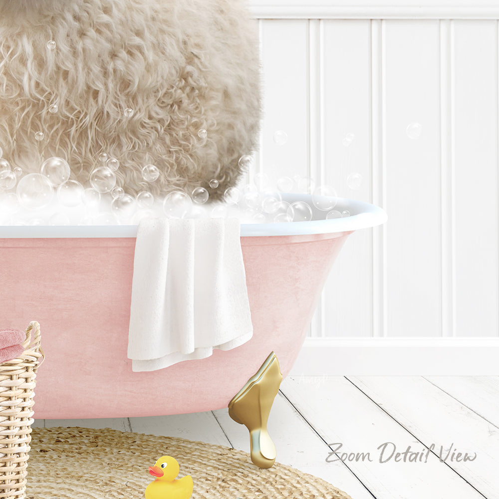 A fluffy white dog is sitting in a pink bathtub filled with bubbles, surrounded by a yellow rubber duck and a white towel.