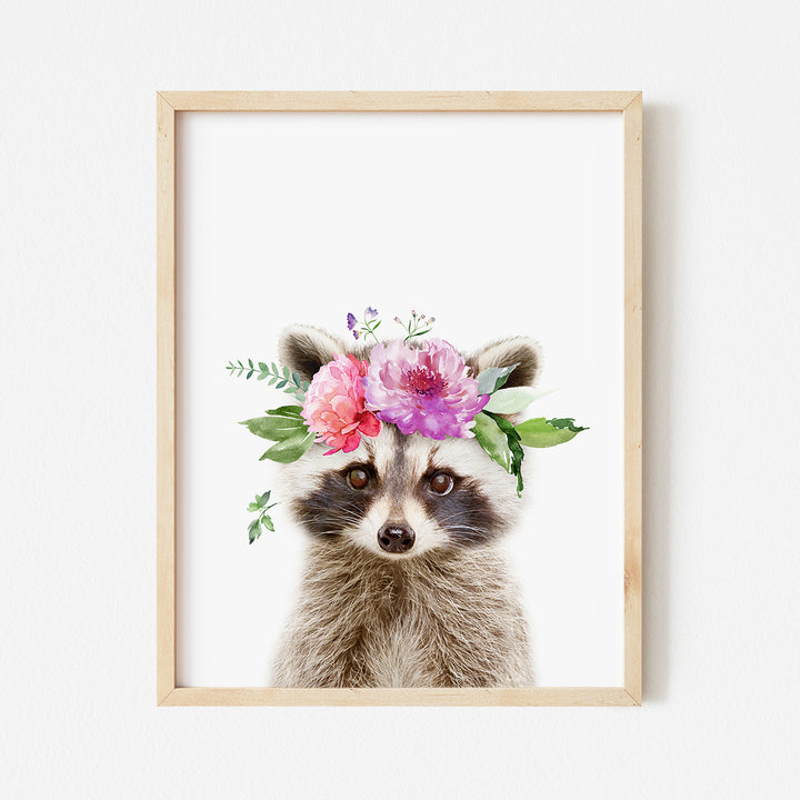 a picture of a raccoon wearing a flower crown