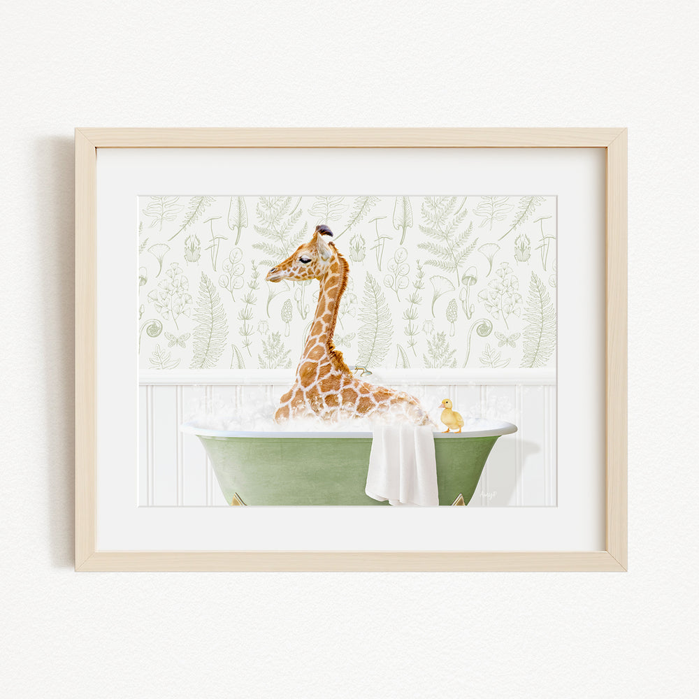 A giraffe sitting in a green bathtub, surrounded by a yellow duck, against a backdrop of green ferns and leaves.