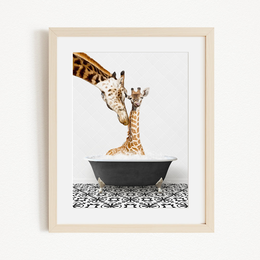 A mother giraffe and her baby giraffe enjoying a bath together in a black tub, surrounded by a black and white patterned floor.