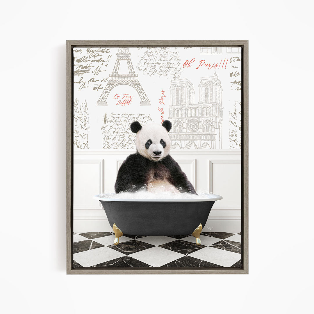 A panda bear sitting in a bathtub filled with bubbles, surrounded by a Paris-themed background with the Eiffel Tower and other landmarks.