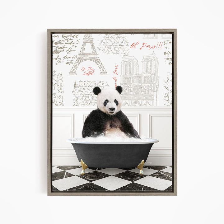 A panda bear sitting in a bathtub filled with bubbles, surrounded by a Paris-themed background with the Eiffel Tower and other landmarks.
