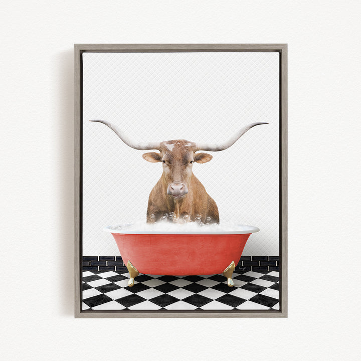 A brown bull with large horns is sitting in a red bathtub filled with water, creating a whimsical and humorous scene.