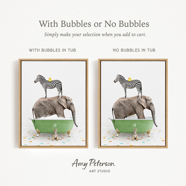The image is a collage of two framed pictures depicting a zebra standing on an elephant's back while both animals are in a green bathtub.