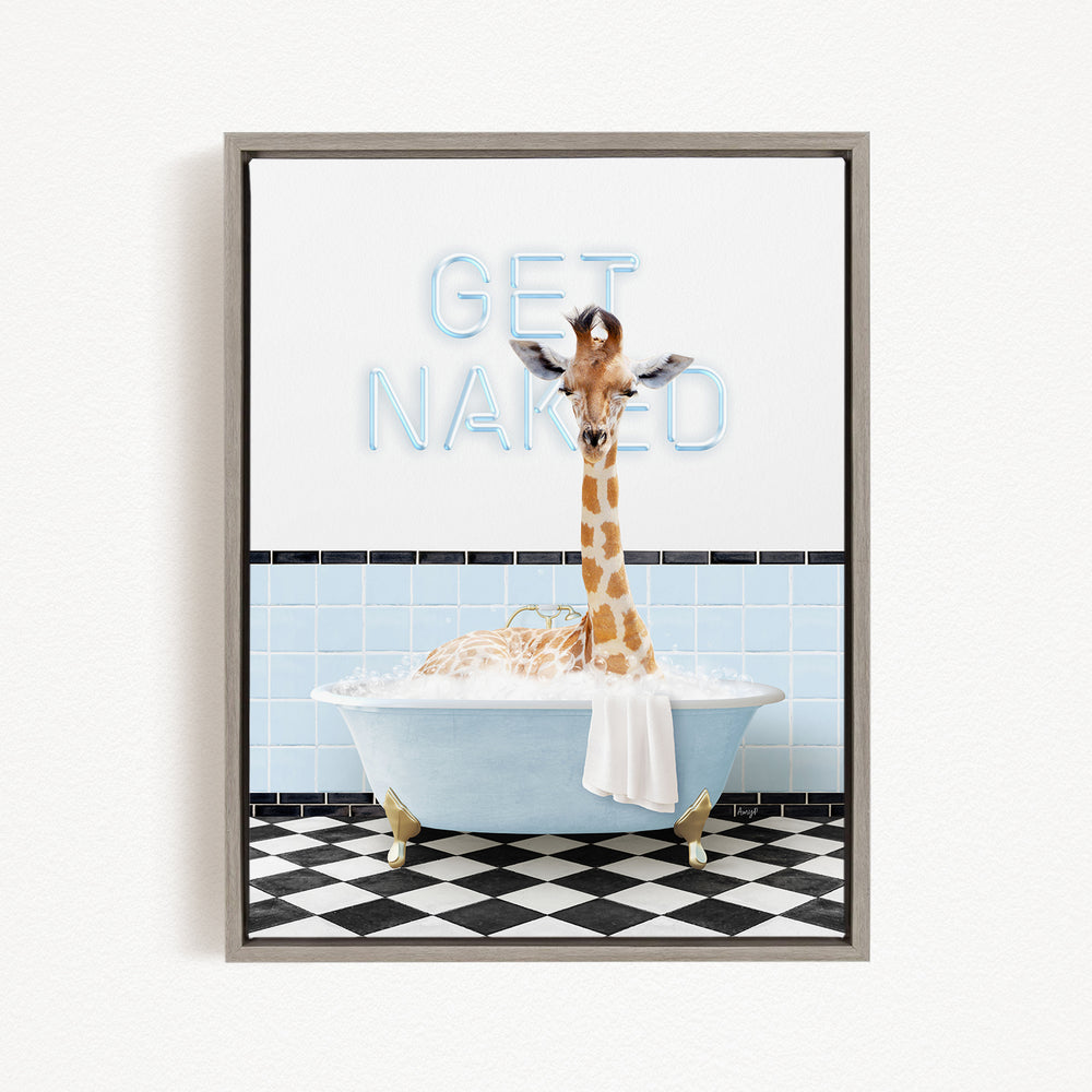 A giraffe sitting in a bathtub with a towel around its neck, and a sign above the bathtub that says "GET NAKED".