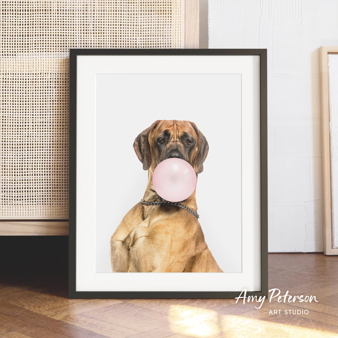 A framed photograph of a dog holding a pink bubble gum bubble in its mouth.