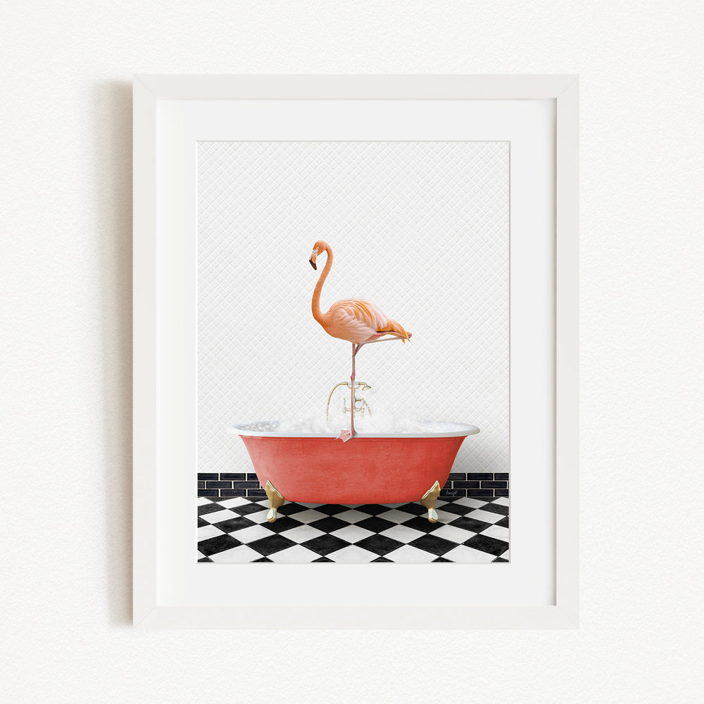 A pink flamingo standing on the edge of a red bathtub, with a black and white checkered floor in the background.