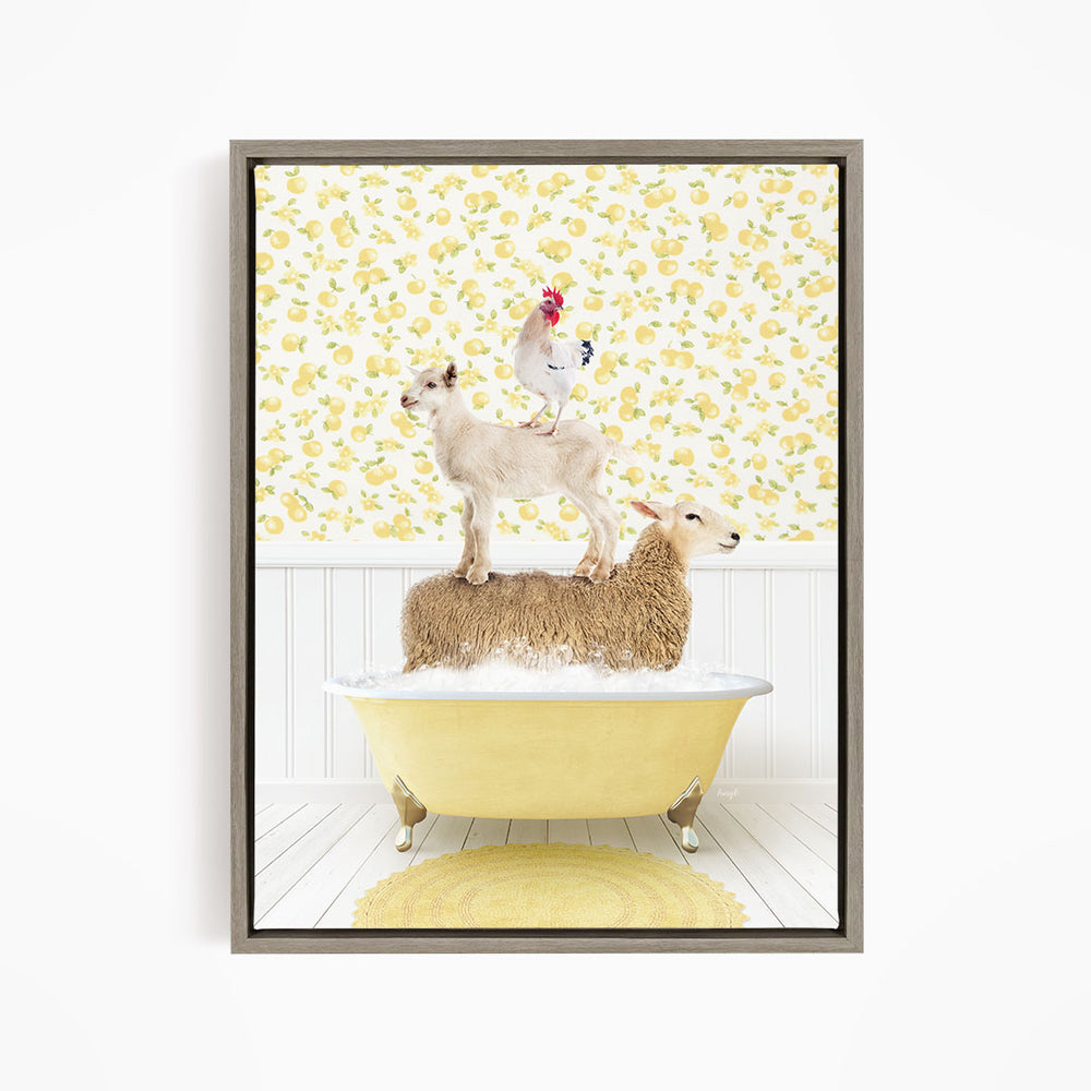 A framed image depicting a sheep standing on a tub filled with water, with a chicken perched on top of it.