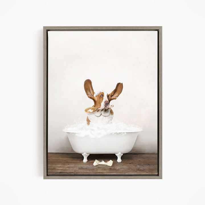 Basset Hound in Rustic Bath Style Lots of Foamy Bubbles