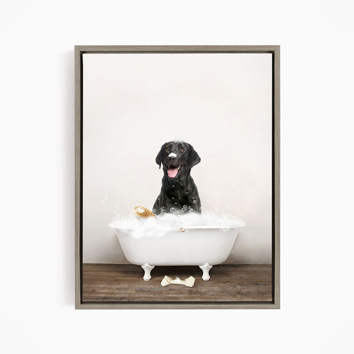 Black Lab in Rustic Bath Style Lots of Foamy Bubbles