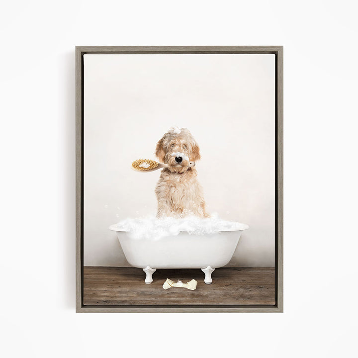 Blonde Labradoodle in Rustic Bath Style Lots of Foamy Bubbles