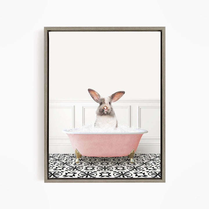 Bunny in Stencil Tile with Pink Bathtub Bath
