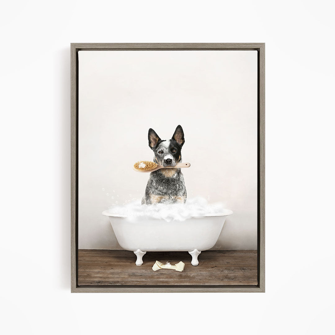 Cattle Dog in Rustic Bath Style Lots of Foamy Bubbles