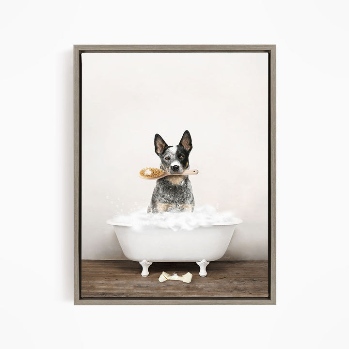 Cattle Dog in Rustic Bath Style Lots of Foamy Bubbles