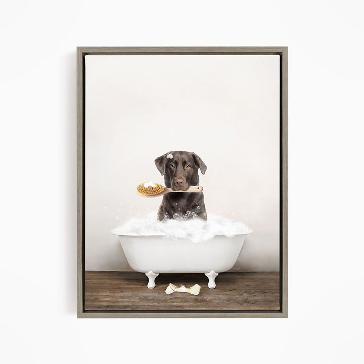 Chocolate Lab in Rustic Bath Style Lots of Foamy Bubbles