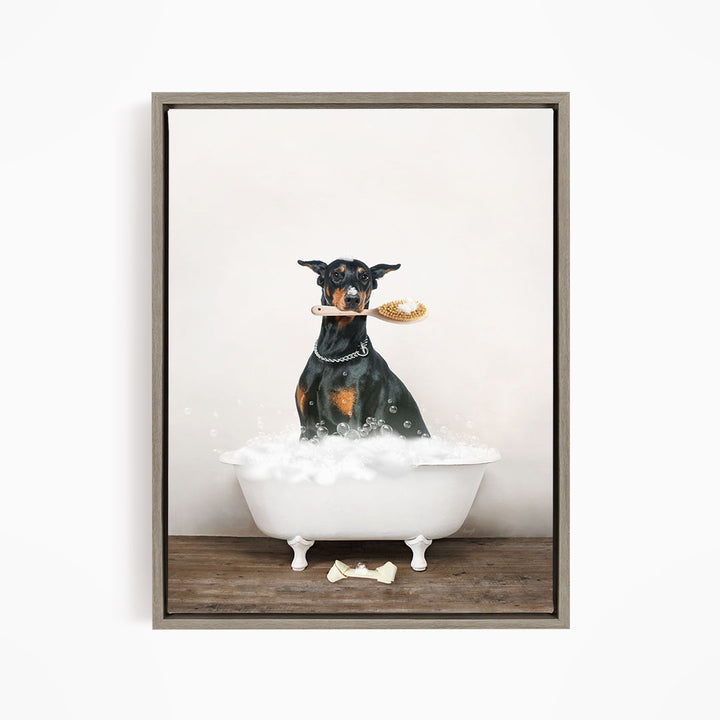 Doberman Pinscher in Rustic Bath Style Lots of Foamy Bubbles