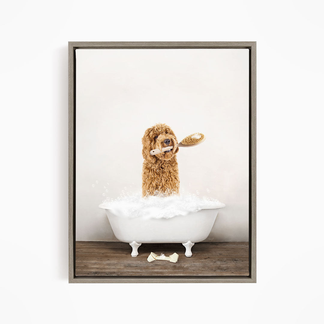 Golden Labradoodle in Rustic Bath Style Lots of Foamy Bubbles