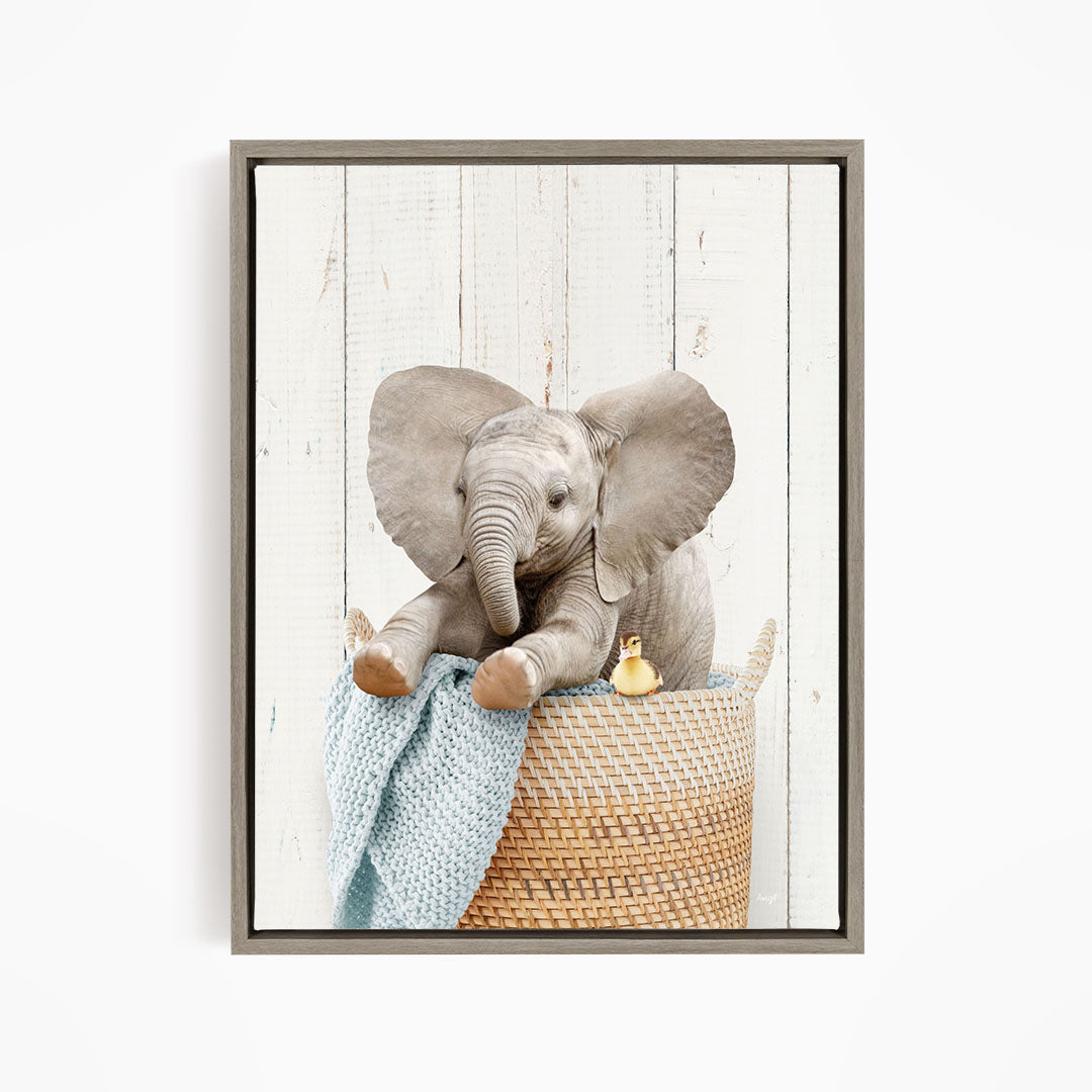 Baby Elephant in Laundry Basket - Farmhouse Wall