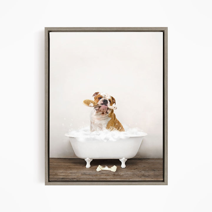 English Bulldog in Rustic Bath Style Lots of Foamy Bubbles