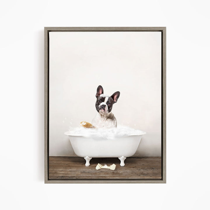 French Bulldog in Rustic Bath Style Lots of Foamy Bubbles