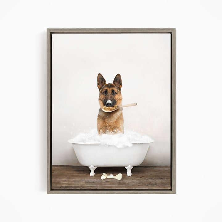 German Shepherd in Rustic Bath Style Lots of Foamy Bubbles