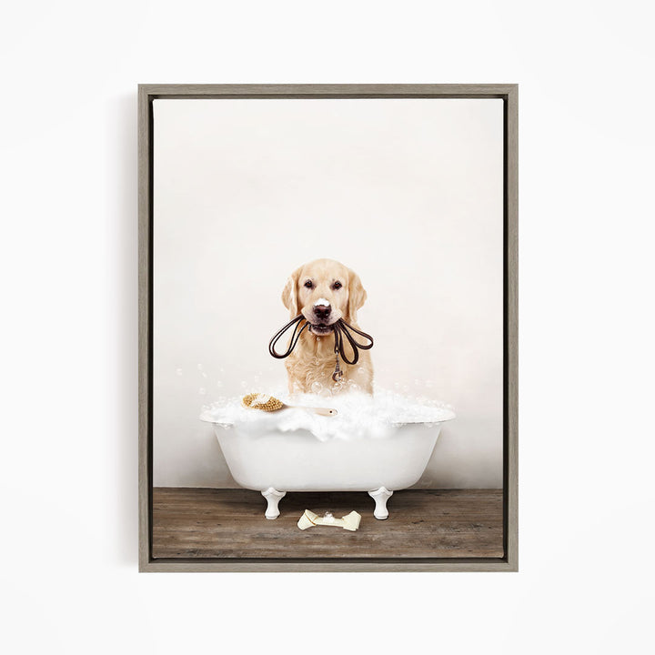 Golden Retriever in Rustic Bath Style Lots of Foamy Bubbles