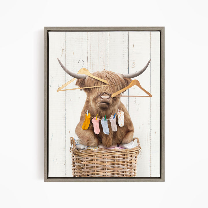 Highland Cow On Laundry Basket with Clothes Hangers and Lost Socks - Farmhouse Wall
