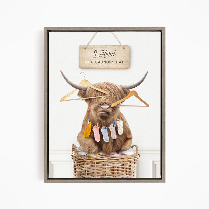 Highland Cow On Laundry Basket with Hangers and Socks "I Herd It's Laundry Day"