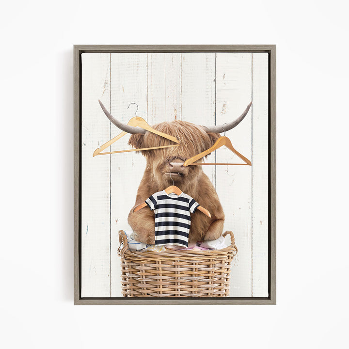 Highland Cow On Laundry Basket with Clothes Hangers - Farmhouse Wall