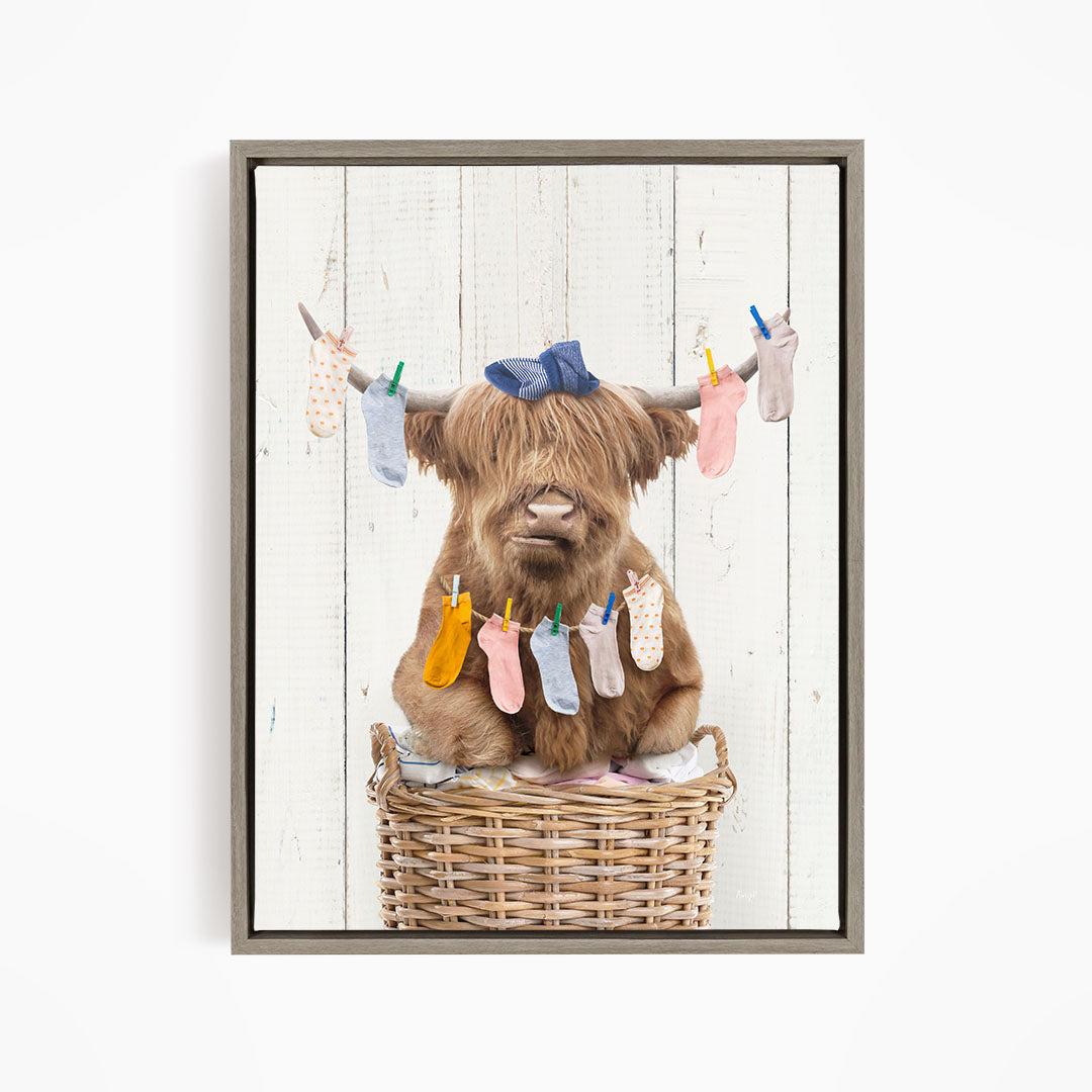 Highland Cow On Laundry Basket with Laundry Socks - Farmhouse Wall