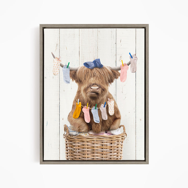 Highland Cow On Laundry Basket with Laundry Socks - Farmhouse Wall