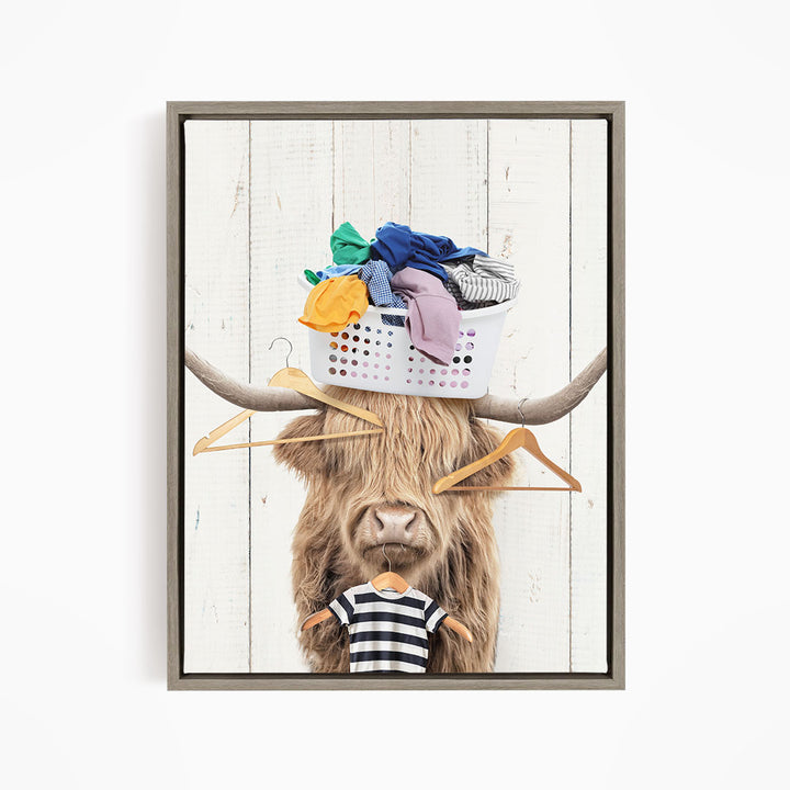 Highland Cow With Laundry Basket On Head and Clothes Hangers - Farmhouse Wall