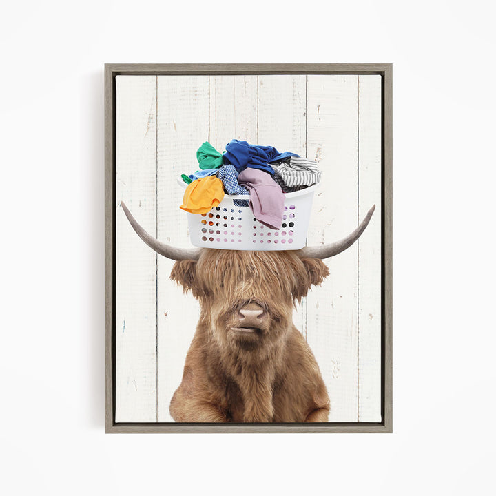 Highland Cow With Laundry Basket On Head - Farmhouse Wall