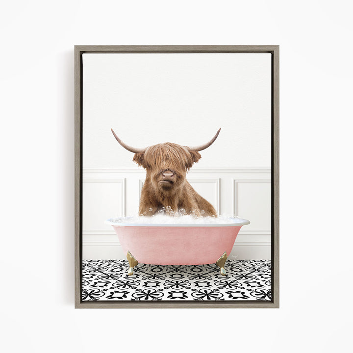 Highland Cow in Stencil Tile with Pink Bathtub Bath