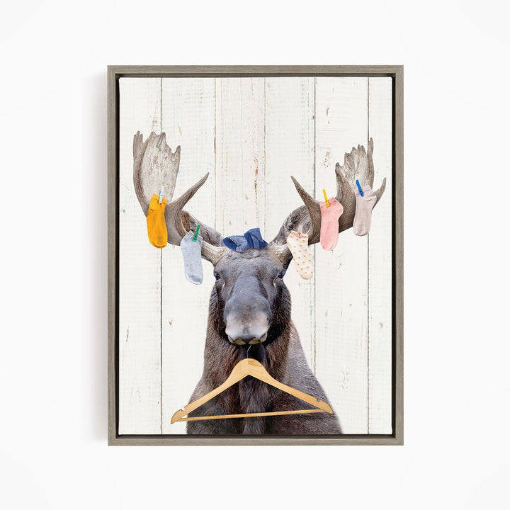 Moose With Lost Laundry Socks and Clothes Hanger - Farmhouse Wall