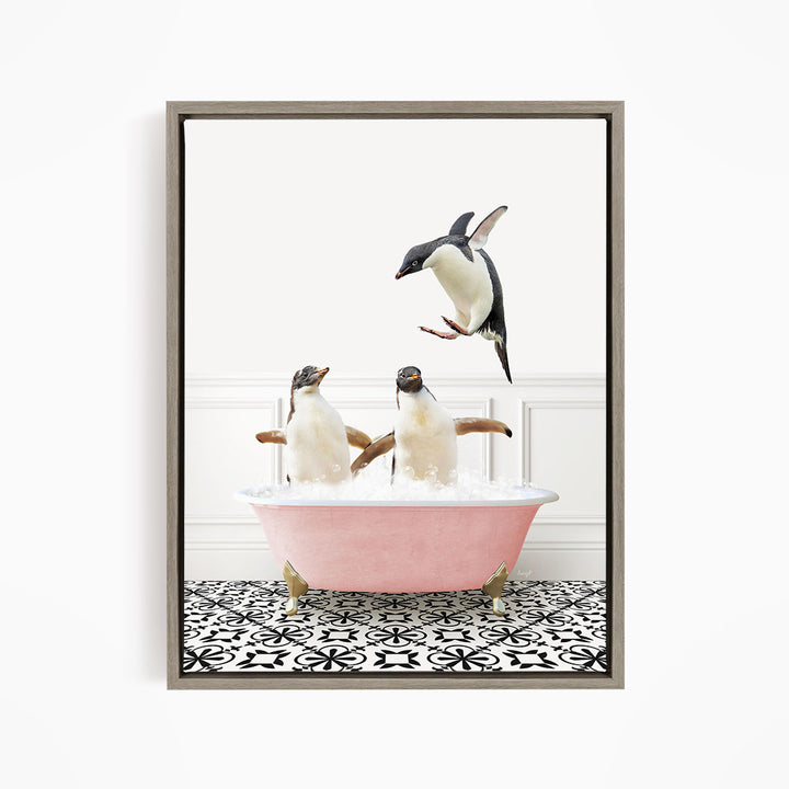 Penguins Playing in Stencil Tile with Pink Bathtub Bath
