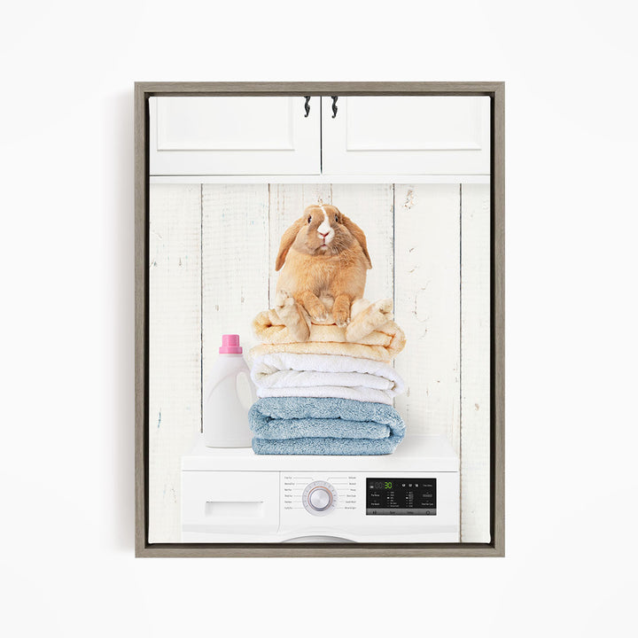 Pudgy Bunny on Folded Towels on Washing Machine - Farmhouse Wall