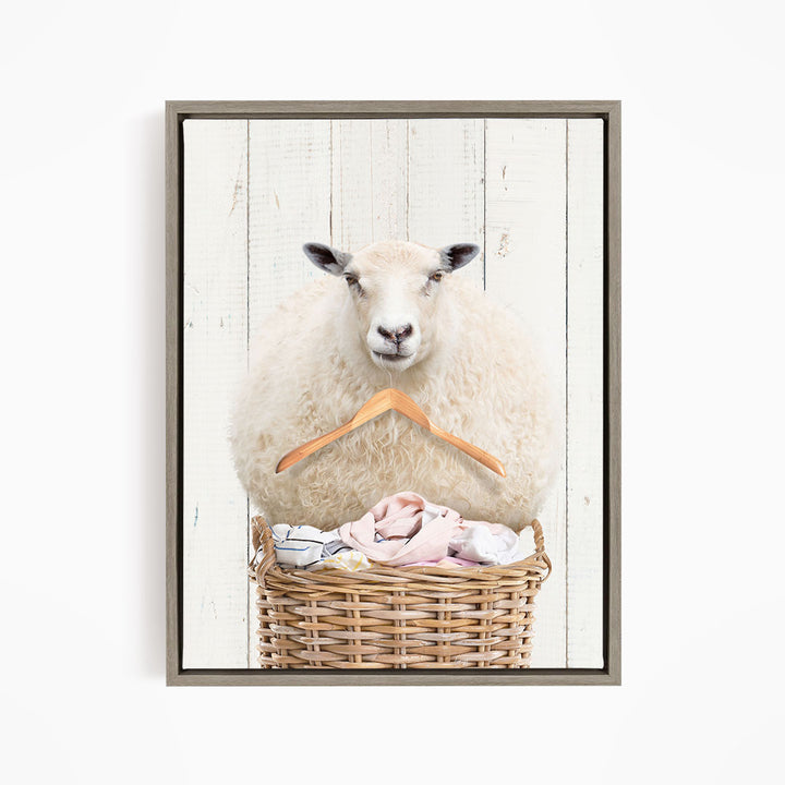 Sheep On Laundry Basket With Clothes Hanger - Farmhouse Wall