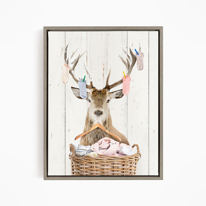 Deer On Laundry Basket with Laundry Socks and Clothes Hanger - Farmhouse Wall